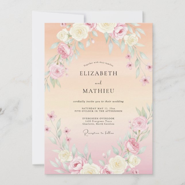 Peach Radiant Watercolor Spring Wedding Invitation (Front)