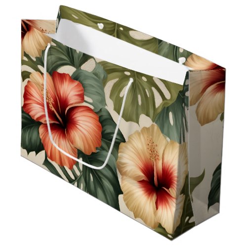 Peach Red and White Tropical Hibiscus Large Gift Bag