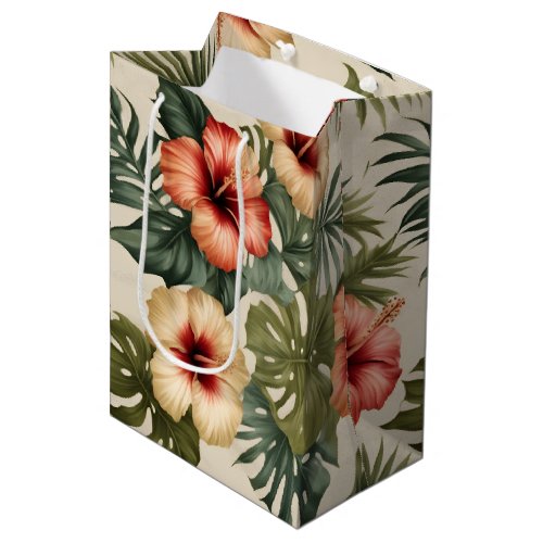 Peach Red and White Tropical Hibiscus Medium Gift Bag