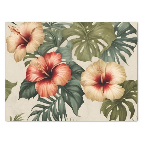 Peach Red and White Tropical Hibiscus Tissue Paper