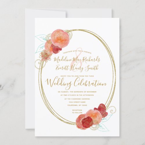 Peach Red Gold Floral Wreath Wedding Invitation