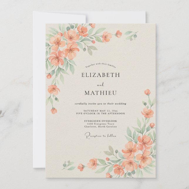 Peach Refined Watercolor Wedding Invitation (Front)