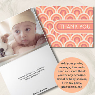 Peach Retro Art Deco Custom Photo Baby Shower Letterpress Thank You Card