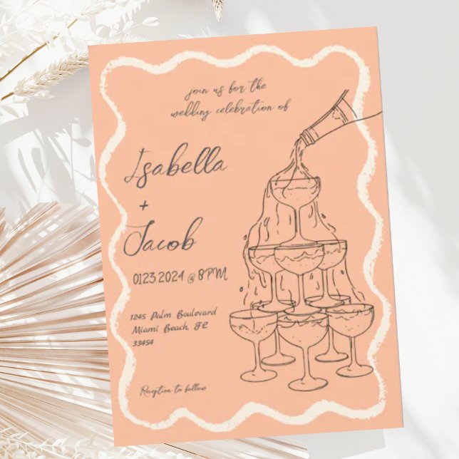 Peach Retro Champagne Tower Hand Drawn Wedding Invitation (Creator Uploaded)