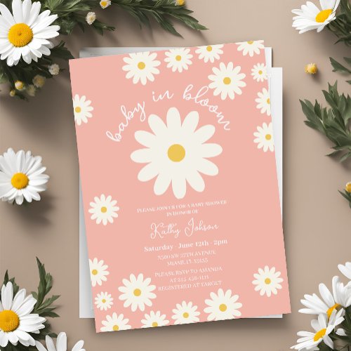 Peach Retro Groovy Daisy Baby in Bloom Shower  Invitation