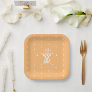 Peach Retro White Flourish Rose Paper Plates
