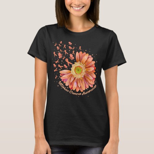 Peach Ribbon Hummingbird Sunflower Uterine Cancer  T_Shirt