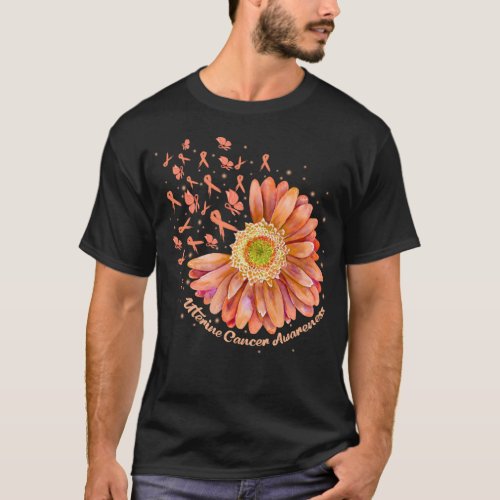 Peach Ribbon Hummingbird Sunflower Uterine Cancer  T_Shirt