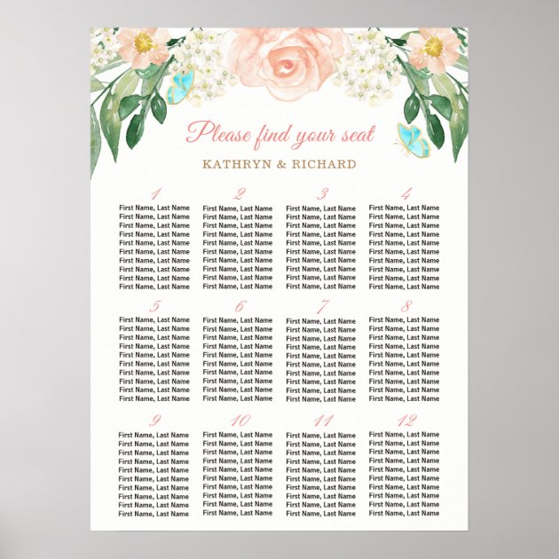 Peach Rose 12 Tables Wedding Seating Chart