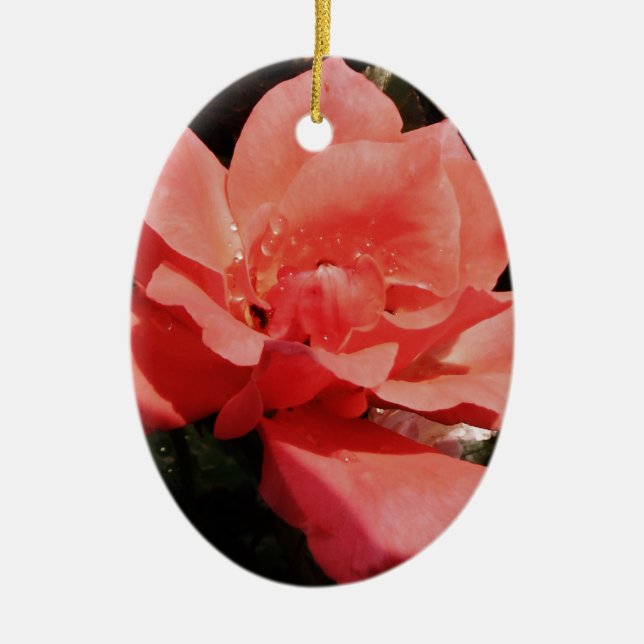 peach rose and dewdrops ceramic ornament (Front)