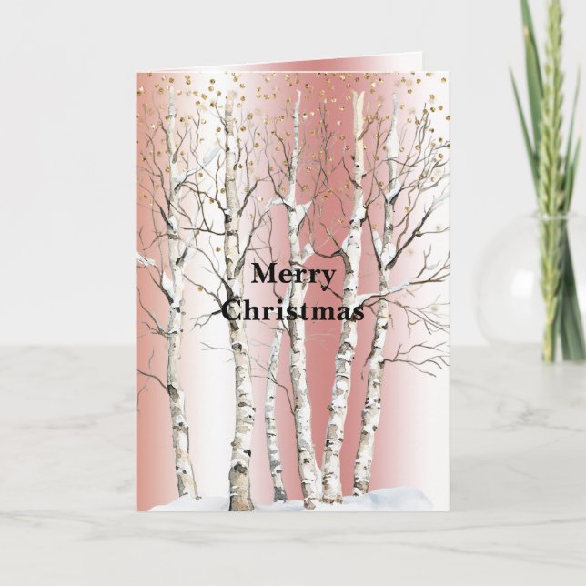 Peach Rose Birch Trees Gold Glitter Christmas Card (Front)