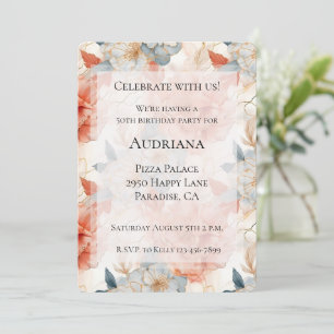 Peach Rose Blue Floral White Marble Birthday Invitation