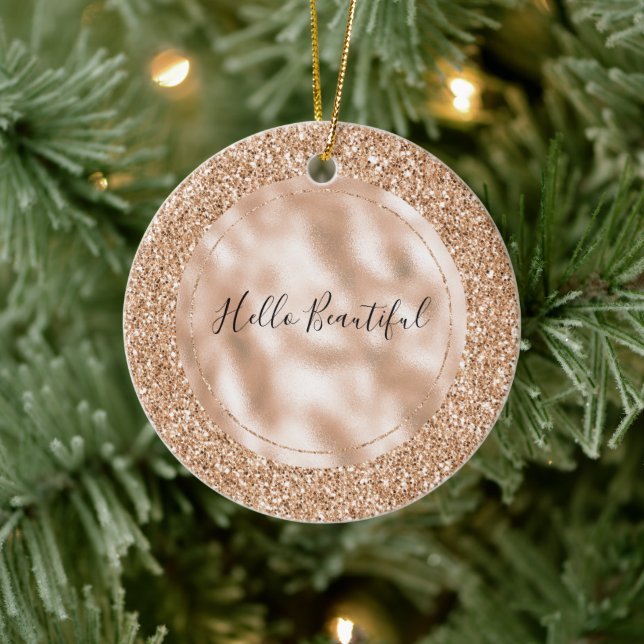 Peach Rose Blush Gold Glitter    Ceramic Ornament (Tree)