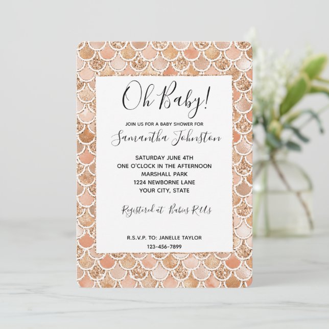 Peach Rose Blush Gold Glitter Mermaid Invitation (Standing Front)