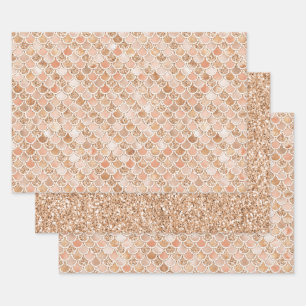Peach Rose Blush Gold Glitter Mermaid Wrapping Paper Sheets