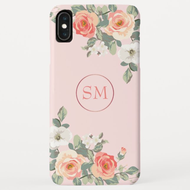 Peach Rose Blush Pink Floral Monogram Case-Mate iPhone Case (Back)
