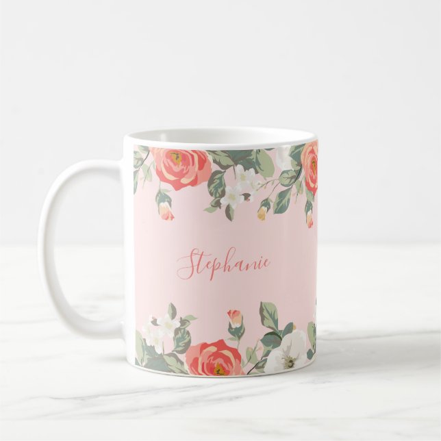 Peach Rose Blush Pink Floral Personalized Coffee Mug (Left)