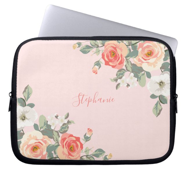 Peach Rose Blush Pink Floral Personalized Laptop Sleeve (Front)