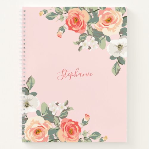 Peach Rose Blush Pink Floral Personalized Notebook