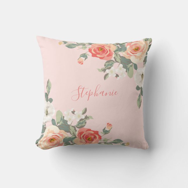 Peach Rose Blush Pink Floral Personalized Throw Pillow (Front)