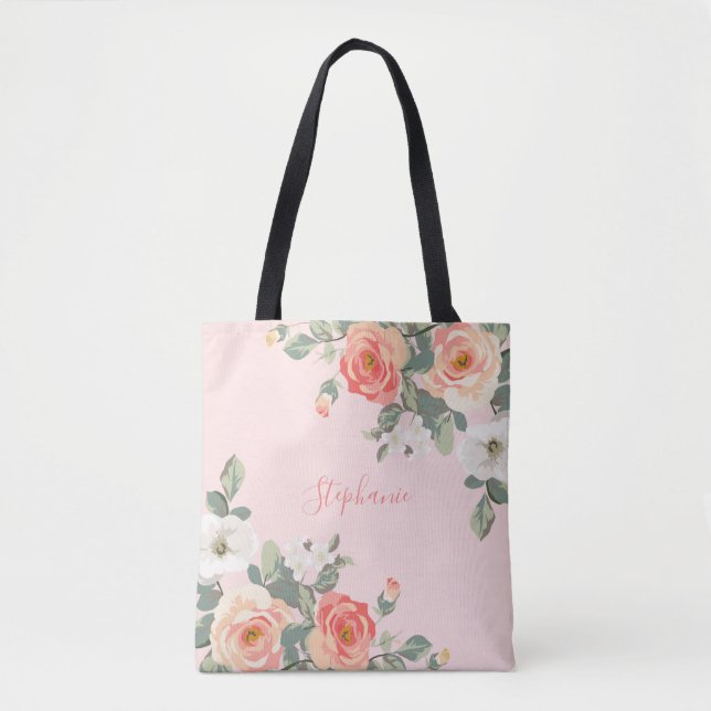 Peach Rose Blush Pink Floral Personalized Tote Bag (Front)
