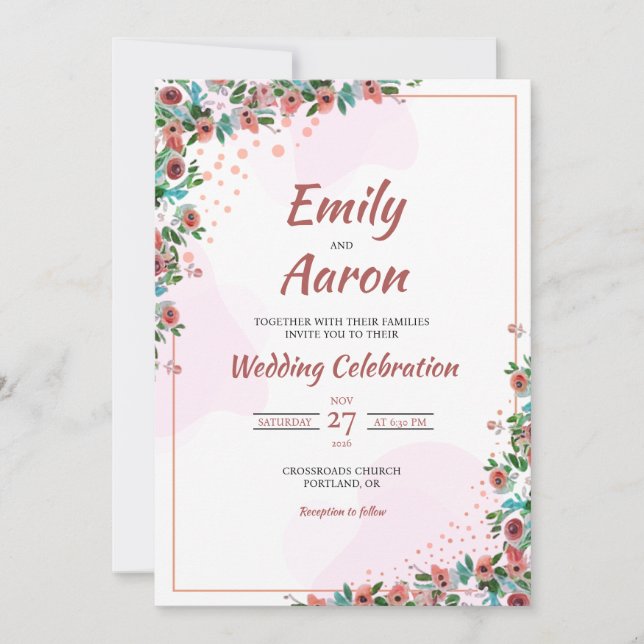 Peach Rose Boho Spring Floral Watercolor Wedding Invitation (Front)