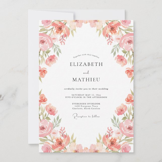 Peach Rose Botanical Watercolor Wedding Invitation (Front)