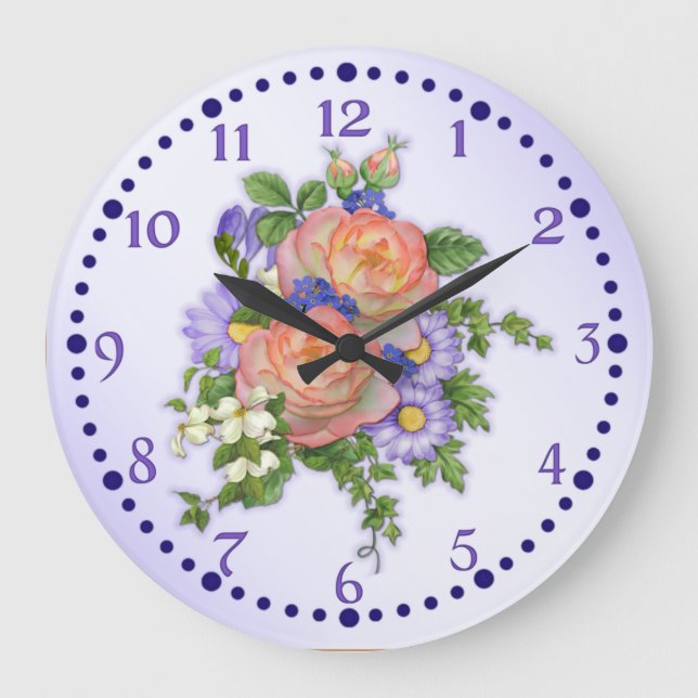 Peach Rose Bouquet Large Clock (Front)