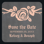 Peach Rose Chalkboard Save the Date Stickers<br><div class="desc">Sweet and pretty Rose Chalkboard Save the Date Stickers in peach featuring a single lovely rose on a vine on a chalkboard look background. This elegant design is perfect for announcing your spring or summer wedding. Easy to customize, simply add your wedding details in the text fields provided. Click "Customize...</div>