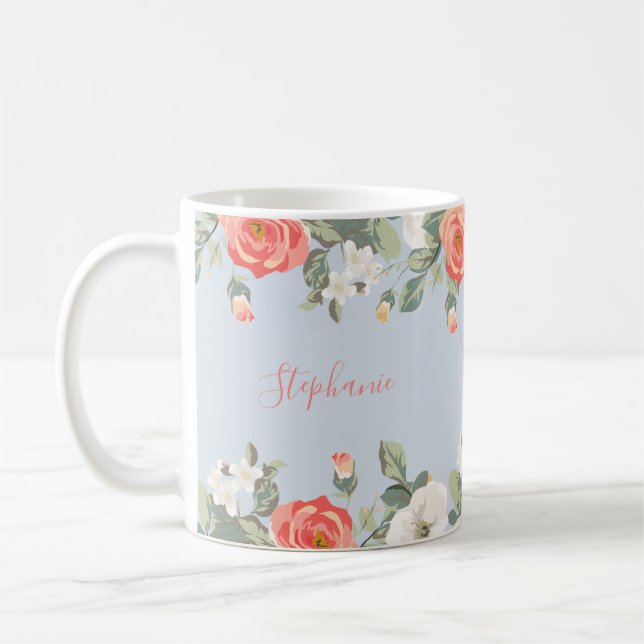 Peach Rose Dusty Blue Floral Personalized Coffee Mug (Left)