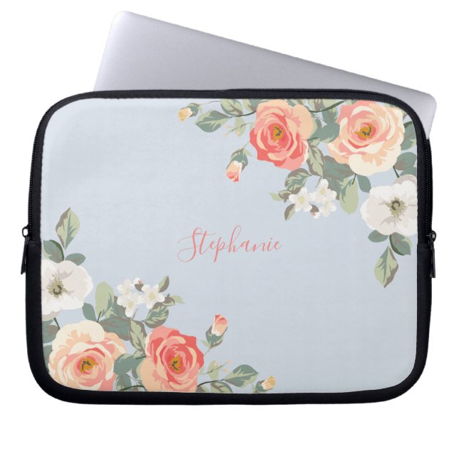 Peach Rose Dusty Blue Floral Personalized Laptop Sleeve (Front)