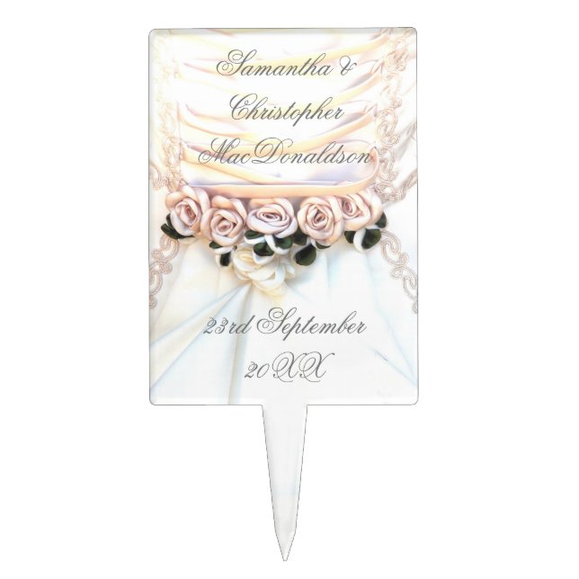 Peach rose floral bouquet and wedding dress cake topper (Front)