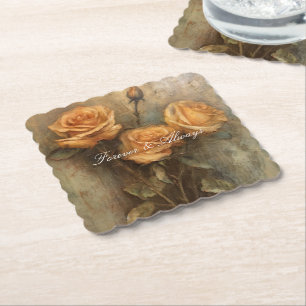 Peach Rose Floral Bridal Shower Wedding Paper Coaster