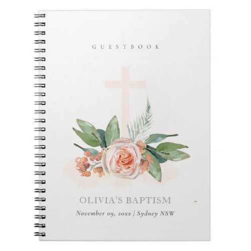 Peach Rose Floral Cross Bunch Baptism Guestbook Notebook