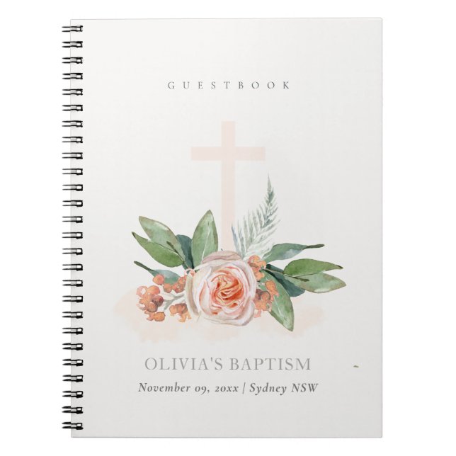 Peach Rose Floral Cross Bunch Baptism Guestbook Notebook (Front)