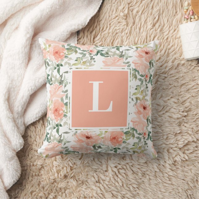 Peach Rose Floral Monogram Throw Pillow (Blanket)