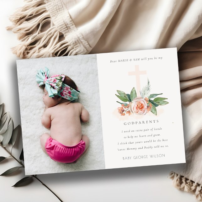 Peach Rose Floral Photo Godparent Proposal Invite (Creator Uploaded)
