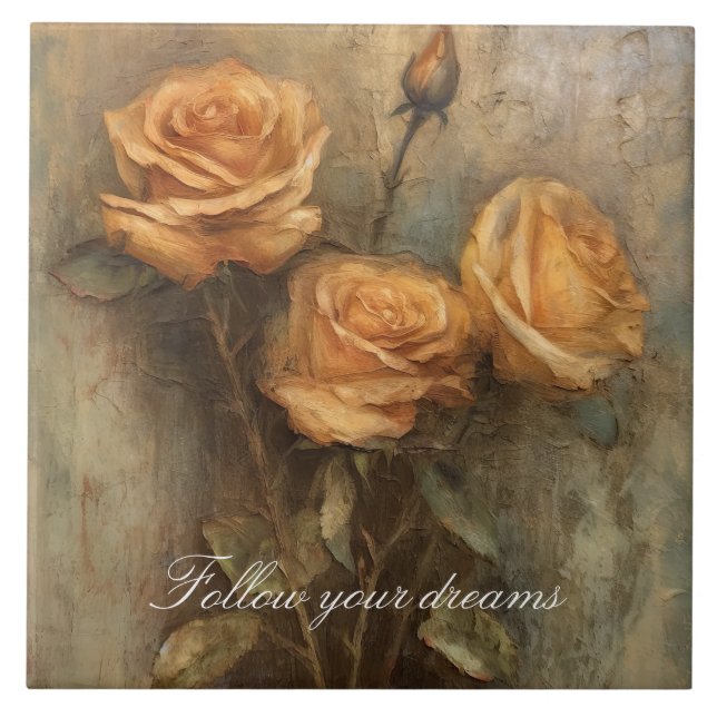 Peach Rose Floral Romantic Ceramic Tile (Front)