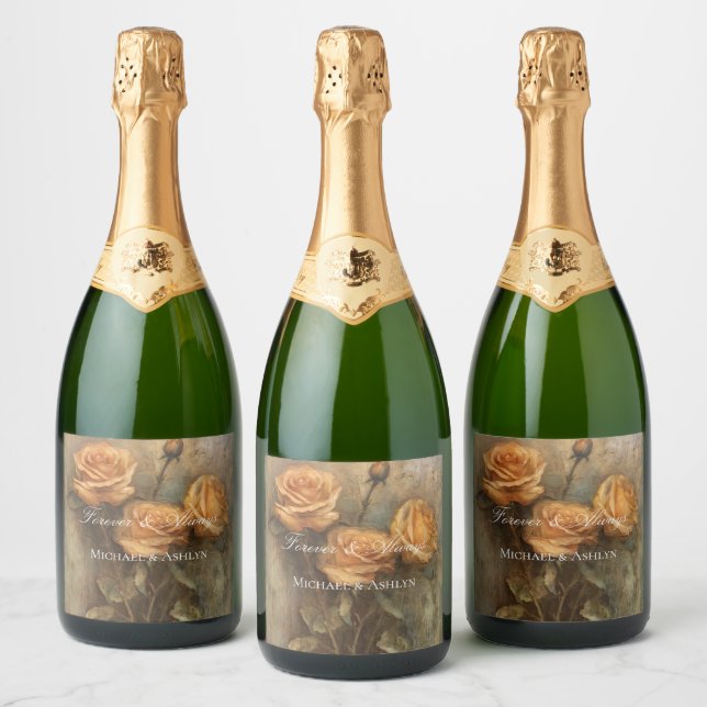 Peach Rose Floral Romantic Wedding Sparkling Wine Label (Bottles)