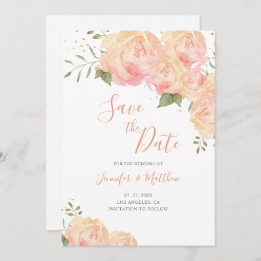 Peach Rose Floral Wedding Save the Date Card | Zazzle