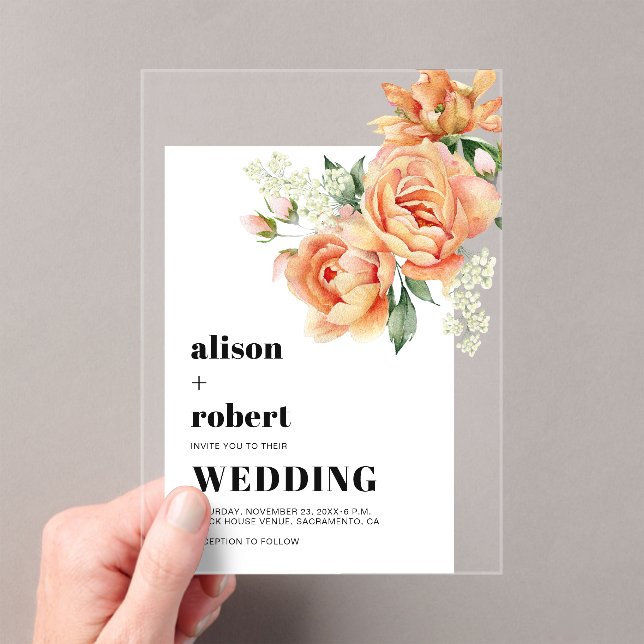 Peach rose flowers floral sage green wedding acrylic invitations (Insitu (Handheld))
