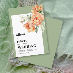 Peach rose flowers floral sage green wedding invitation
