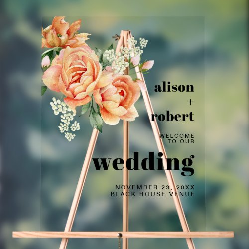 Peach rose flowers floral wedding WELCOME Acrylic Sign
