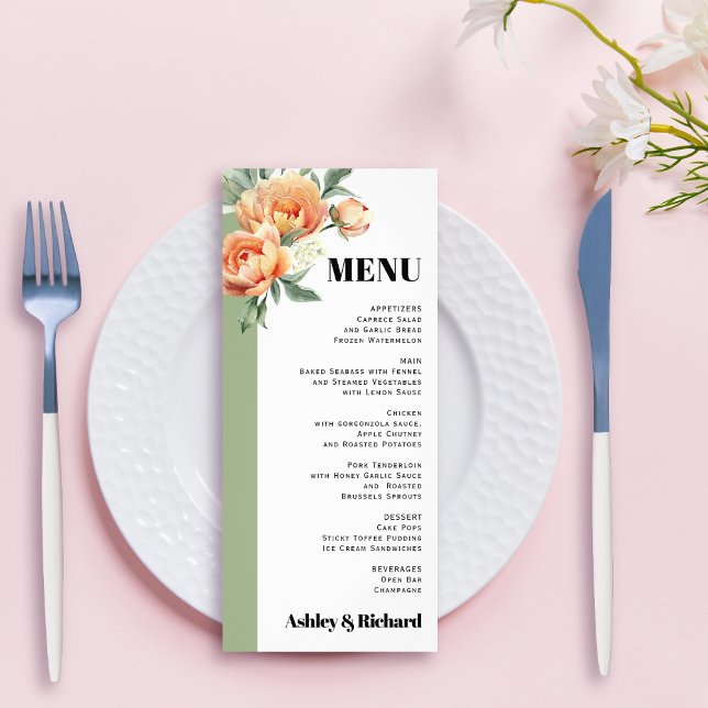 Peach rose flowers sage floral wedding menu card (Creator Uploaded)