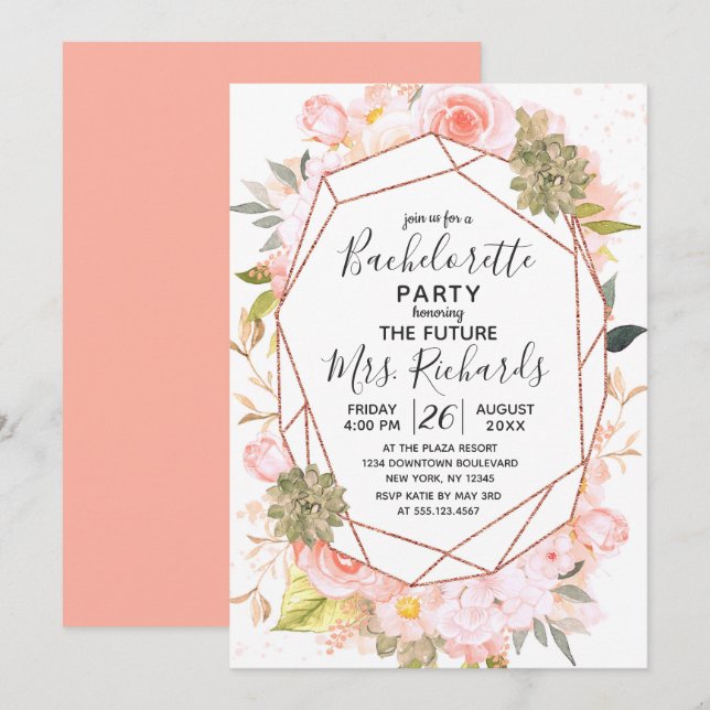 Peach & Rose Gold Bachelorette Party Invitation (Front/Back)