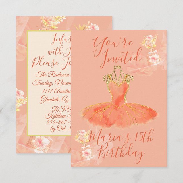 Peach Rose Gold Ballerina Dress Floral Perfume Invitation (Front/Back)