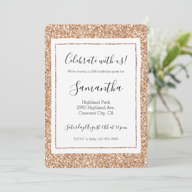 Peach Rose Gold Blush Glitter Glitz Invitation (Standing Front)