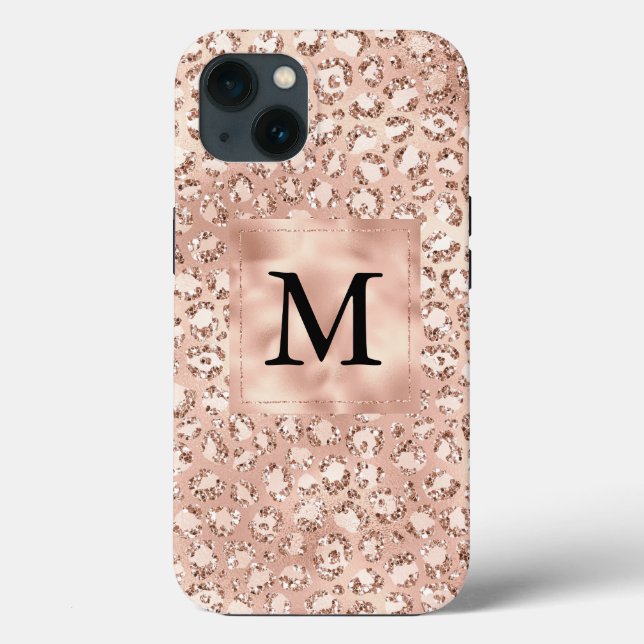 Peach Rose Gold Blush Pink Glitz Leopard Monogram  Case-Mate iPhone Case (Back)