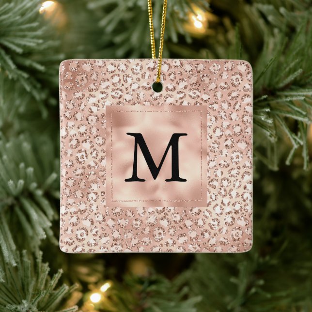 Peach Rose Gold Blush Pink Glitz Leopard Monogram  Ceramic Ornament (Tree)