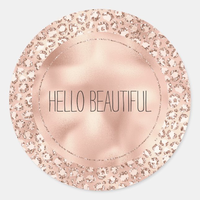 Peach Rose Gold Blush Pink Glitz Leopard Print   Classic Round Sticker (Front)